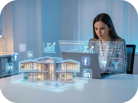 Property marketing professional using a laptop with website analytics and digital real estate models